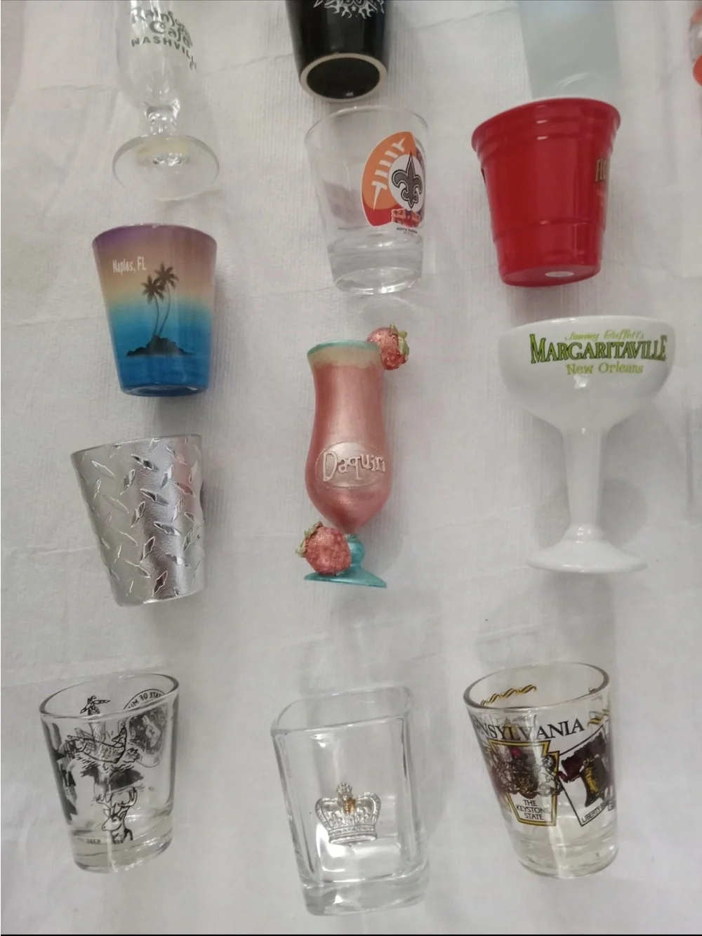 52 Souvenirs Shot Glasses, from USA to Overseas ,Coin, Trinkets, 3 bottles